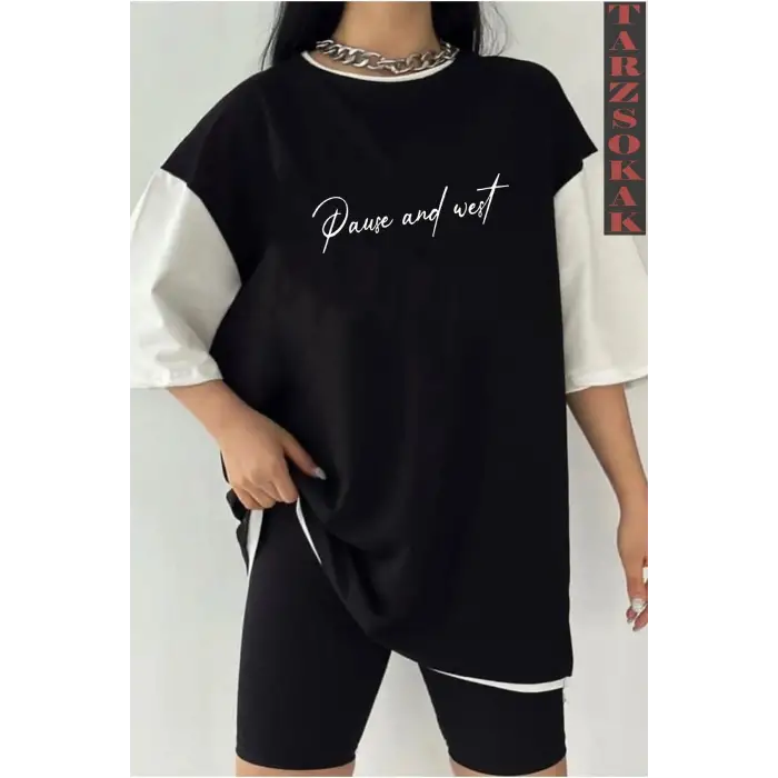 Siyah Oversize Çift Renk PAUSE YAZI  Baskılı Unisex Tshirt