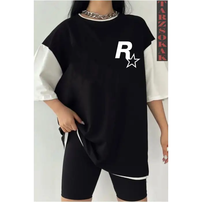 Siyah Oversize Çift Renk ROCKSSTAR  Baskılı Unisex Tshirt
