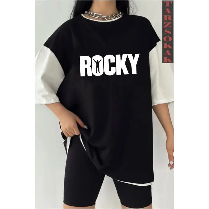 Siyah Oversize Çift Renk ROCKY  Baskılı Unisex Tshirt