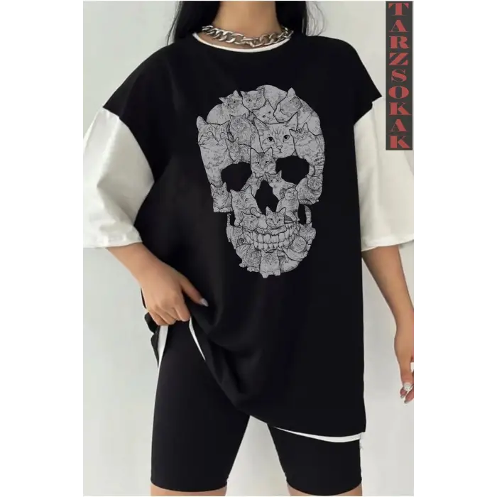 Siyah Oversize Çift Renk SKULL  Baskılı Unisex Tshirt