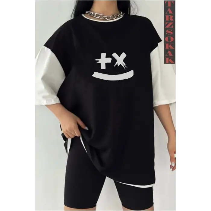 Siyah Oversize Çift Renk SMİLE  Baskılı Unisex Tshirt
