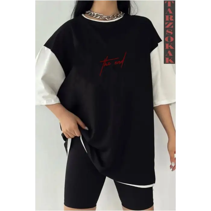 Siyah Oversize Çift Renk THE END  Baskılı Unisex Tshirt
