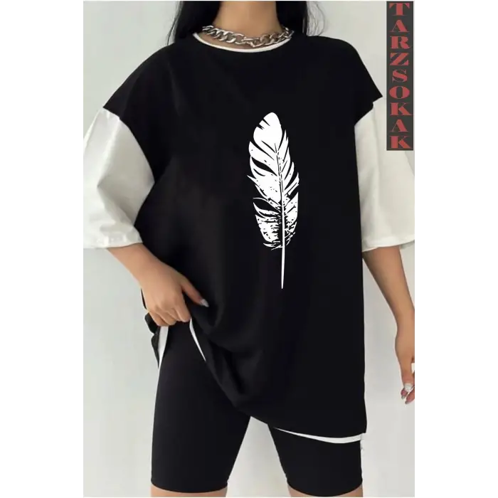Siyah Oversize Çift Renk TÜY  Baskılı Unisex Tshirt