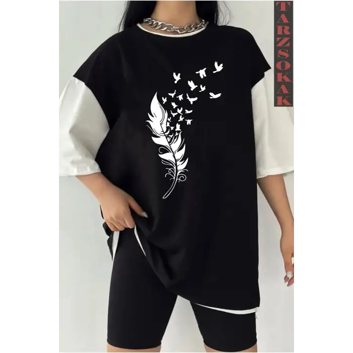 Siyah Oversize Çift Renk TÜY  Baskılı Unisex Tshirt