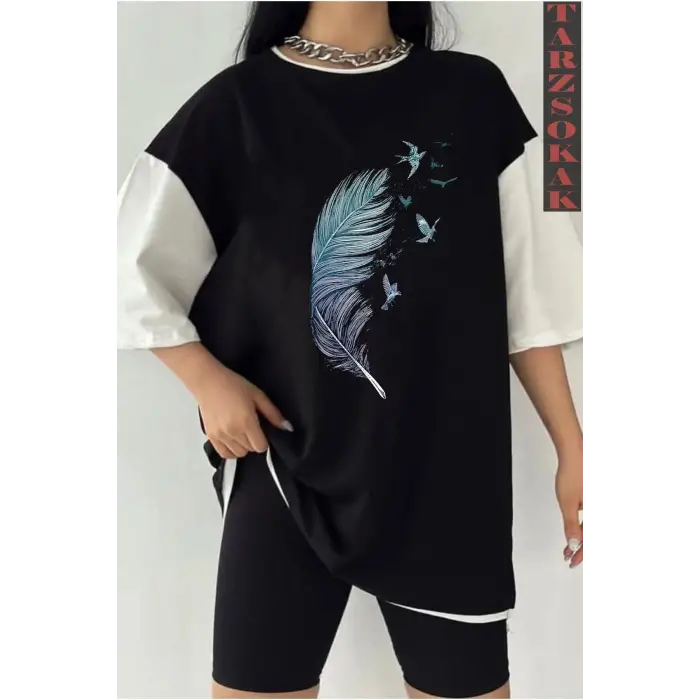 Siyah Oversize Çift Renk TÜY  Baskılı Unisex Tshirt