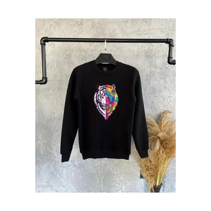 Siyah Oversize Kaplan Baskılı Kapşonsuz 0 Yaka Pamuklu Unisex Sweatshirt