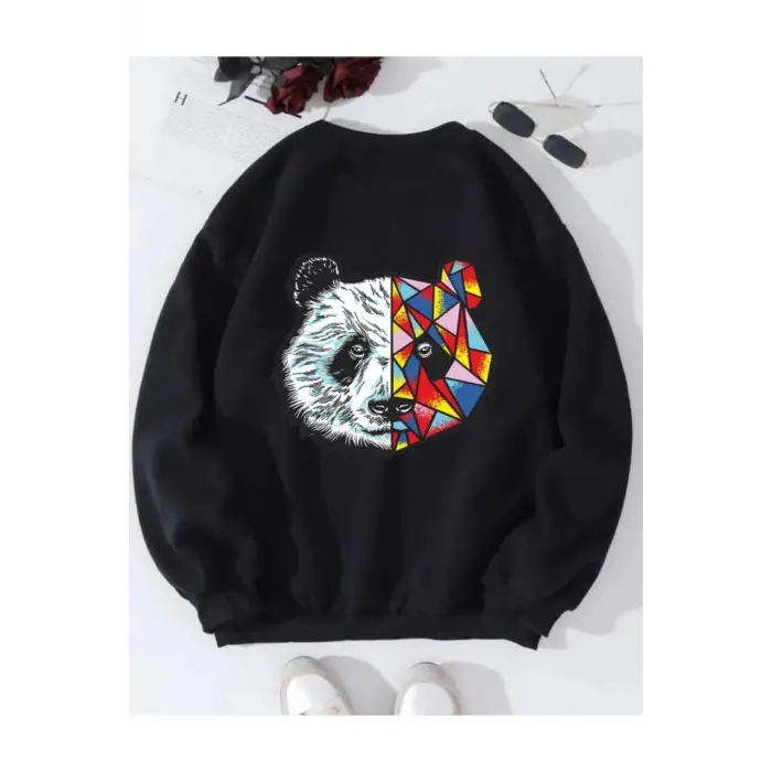 Siyah Oversize Panda Baskılı Pamuklu 0 Yaka Kapşonsuz Unisex Sweatshirt
