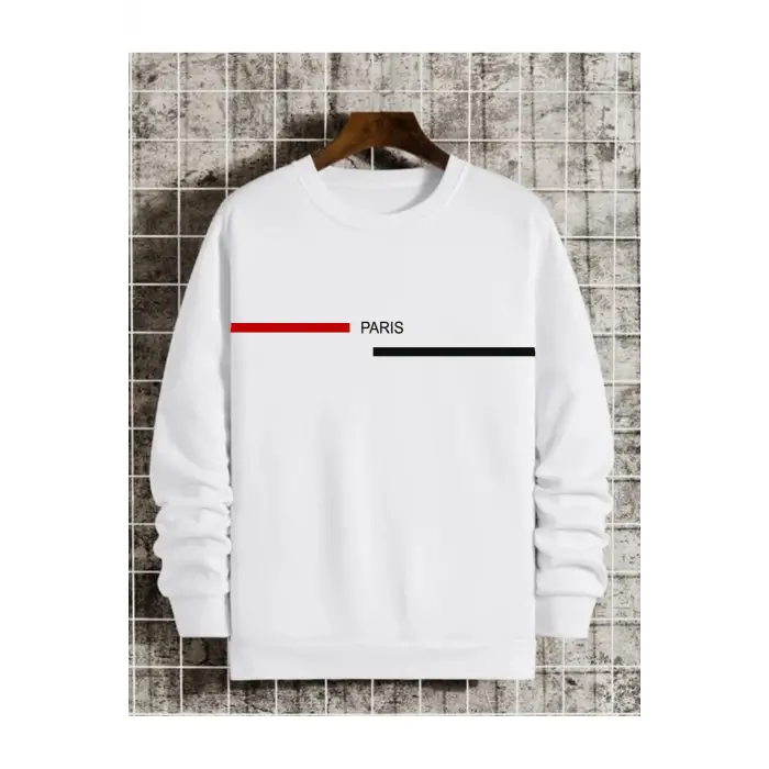 Siyah Oversize Paris Şerit Baskılı Pamuklu Kapşonsuz Bisiklet Yaka Unisex Sweatshirt