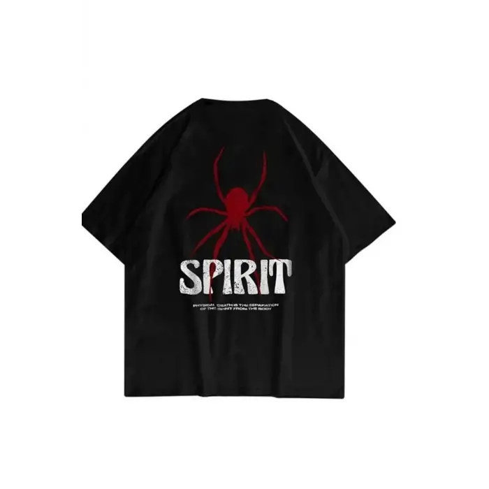 Siyah Oversize Spirit Baskılı Pamuklu Unisex Tshirt