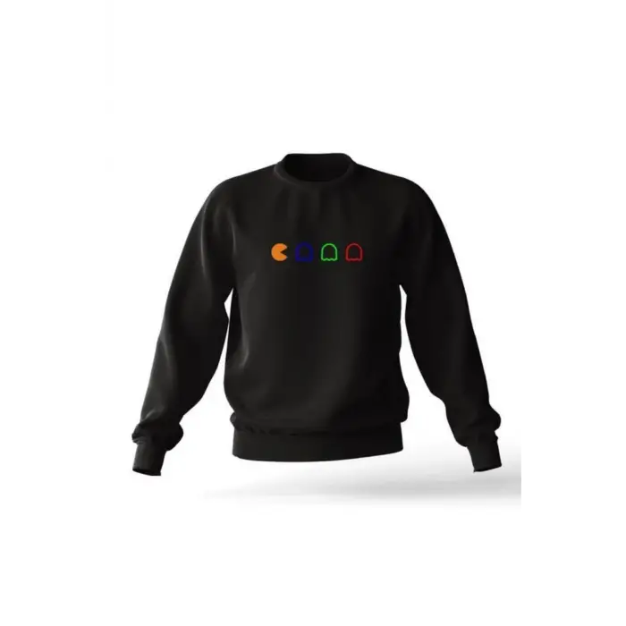 Siyah Oversıze Unisex Pacman Baskılı Pamuklu Kapşonsuz 0 Yaka Sweatshirt