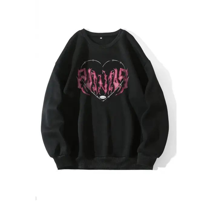 Siyah Painias Baskılı Oversize Bisiklet Yaka Sweatshirt