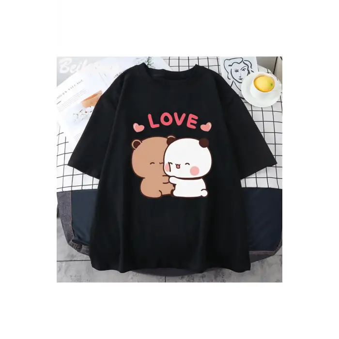 Siyah Panda ayı aşk Bubu Dudu çift baskı yaz estetik kore Tee