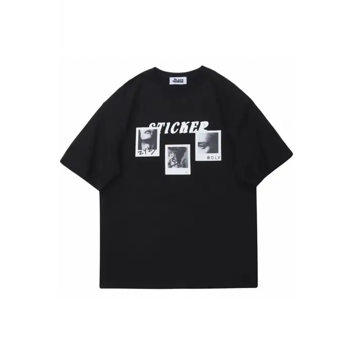 Siyah Sticker Baskılı Oversize Bisiklet Yaka Erkek Tişört