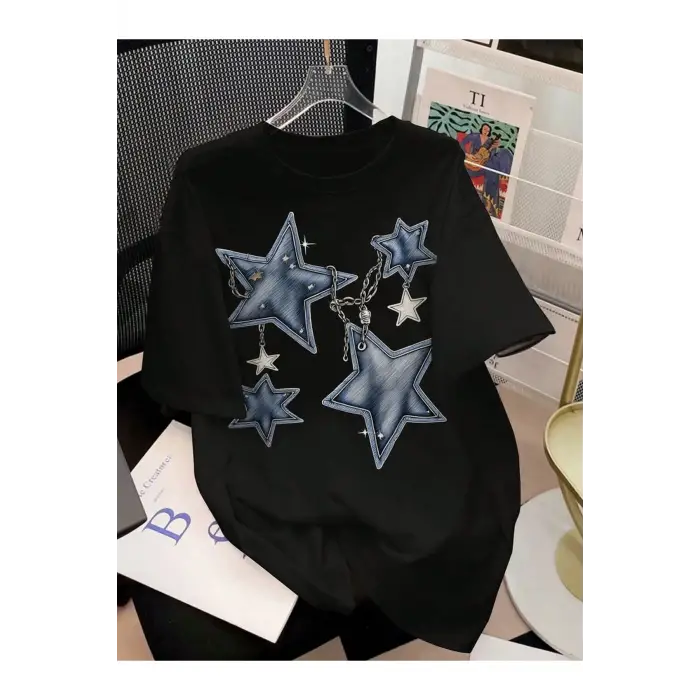 SİYAH T SHIRT YILDIZ DESENLİ
