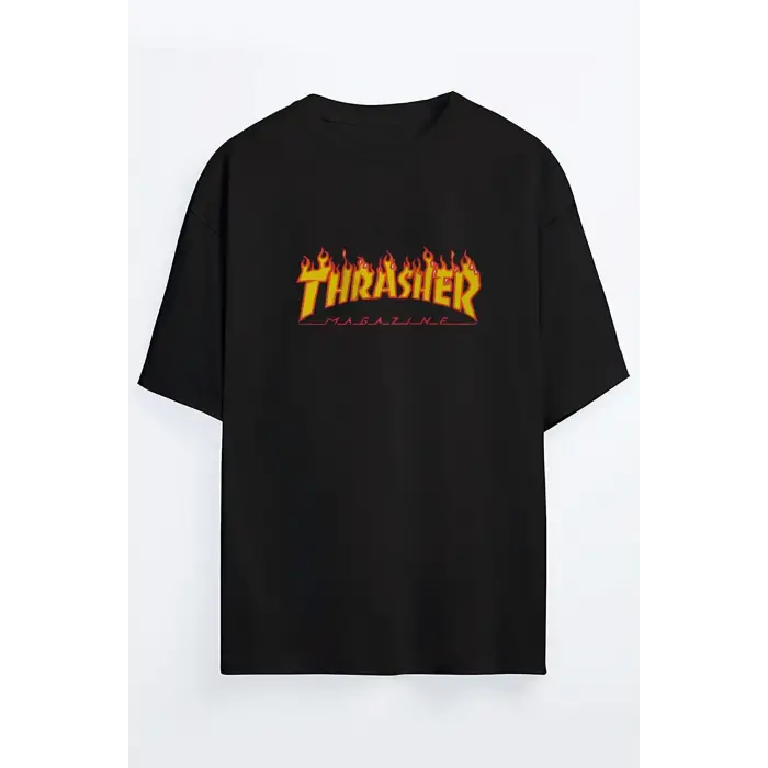 Siyah Trasher Baskılı Unisex Ovesize T-shirt