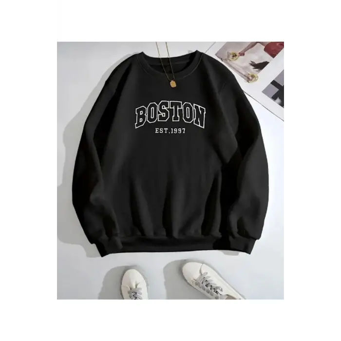 Siyah Unisex Boston Baskılı 0 Yaka Kapşonsuz Pamuklu Sweatshirt