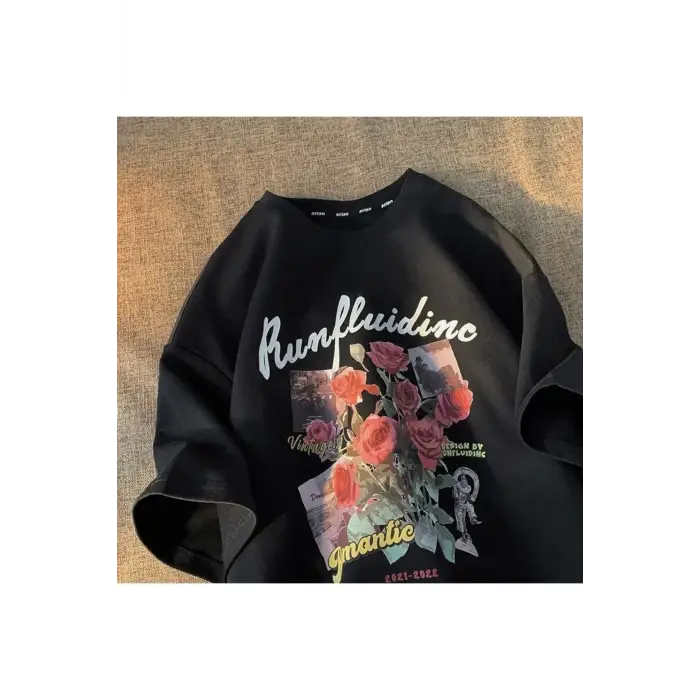 Siyah Unisex Gül Kolaj Tişört