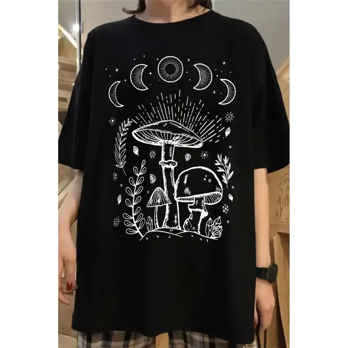Siyah Unisex Moon Mantar Tişört