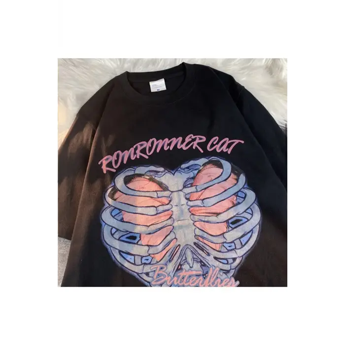 Siyah Unisex Ronronner Cat Iskelet Tişört