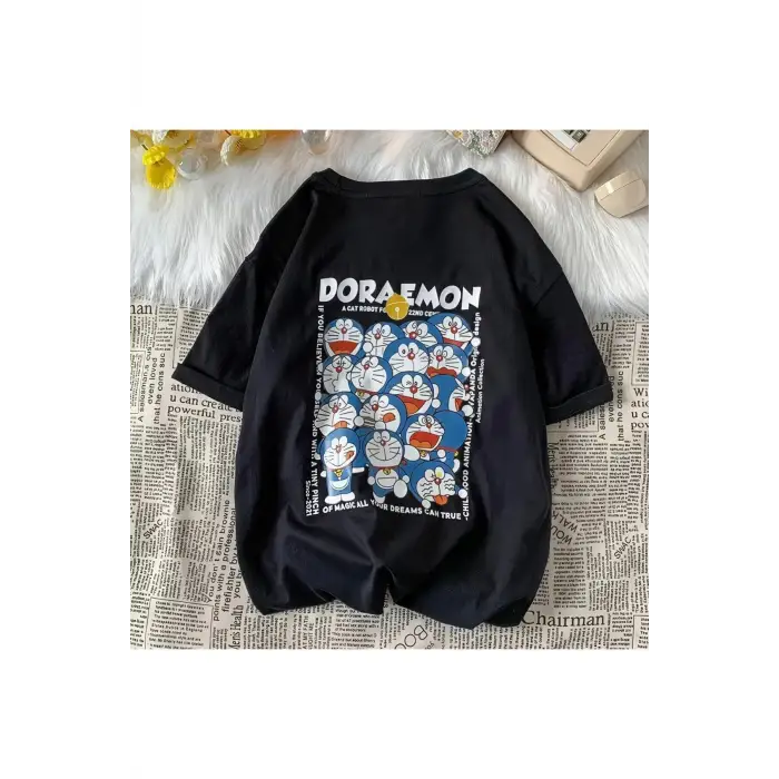 Siyah Unisex Sırt Baskılı Doraemon Tişört
