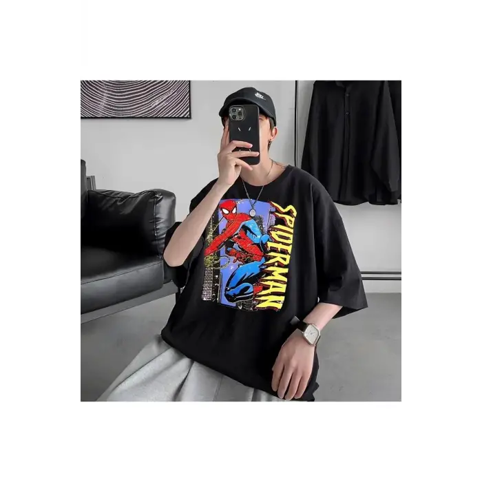 Siyah Unisex Spiderman Karakter Tişört