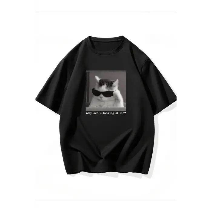 Siyah Why Are U Looking At Me Funny Cat Print Stretch Spring Summer Causal Loose Clot