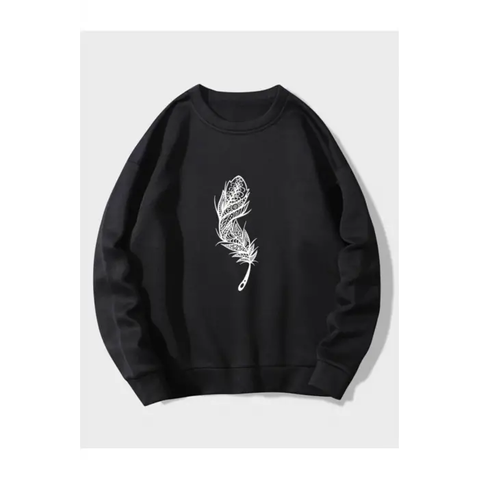 Siyah Yakasız Tüy Baskılı Unisex Sweatshirt