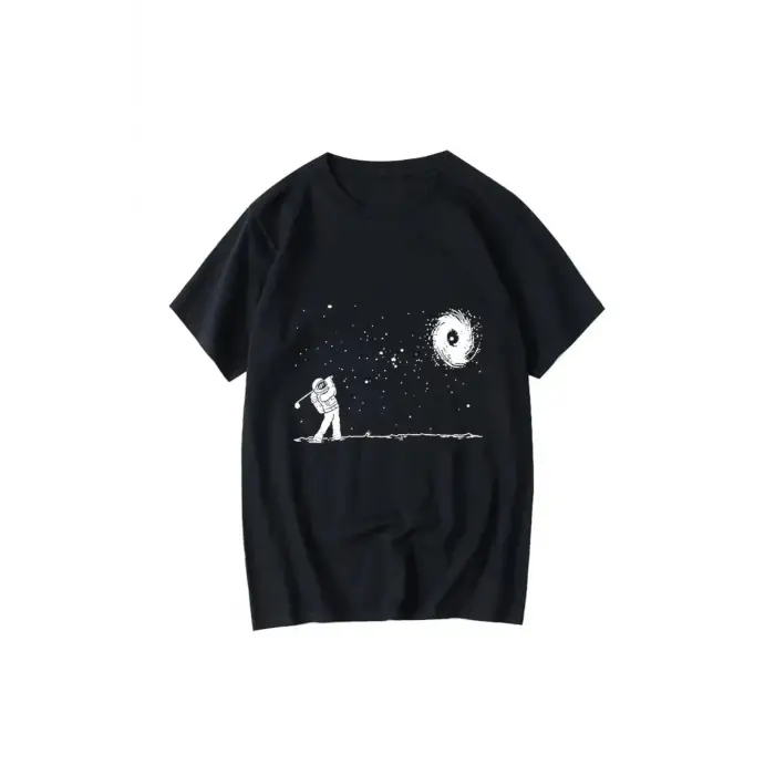 Siyah Yaz komik astronot baskı Tshirt üstleri grafik