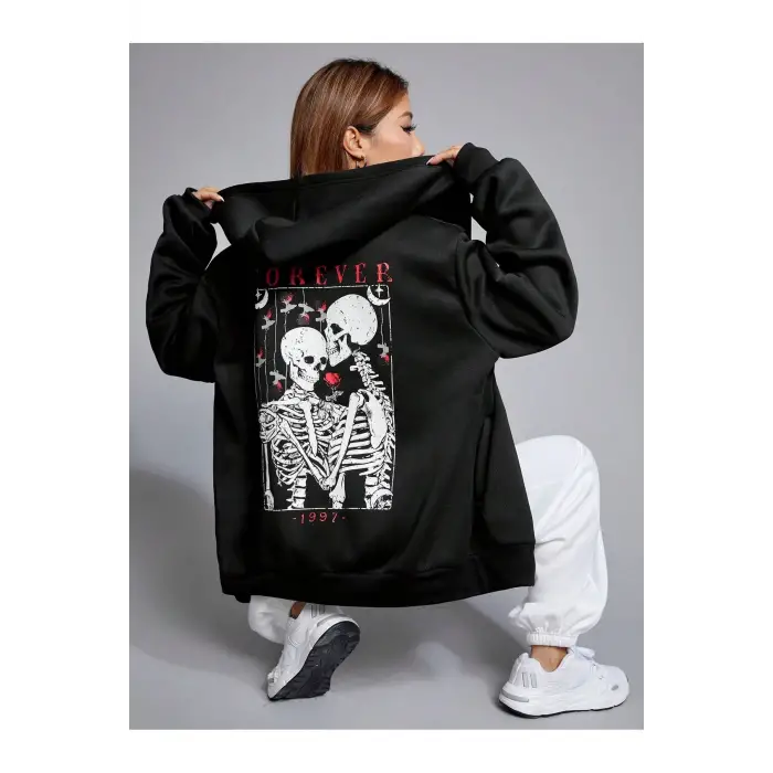 Skeleton & Letter Graphic Zip Up Hoodie Siyah