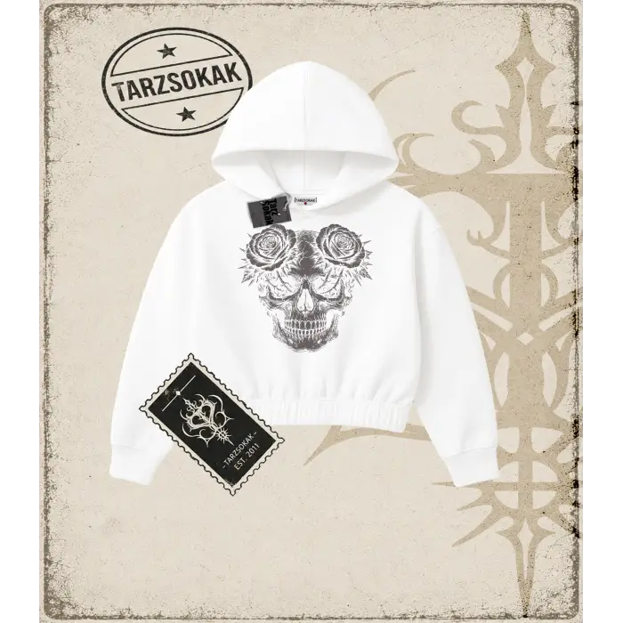 SKULL   Kadın Crop Kapşonlu Sweatshirt