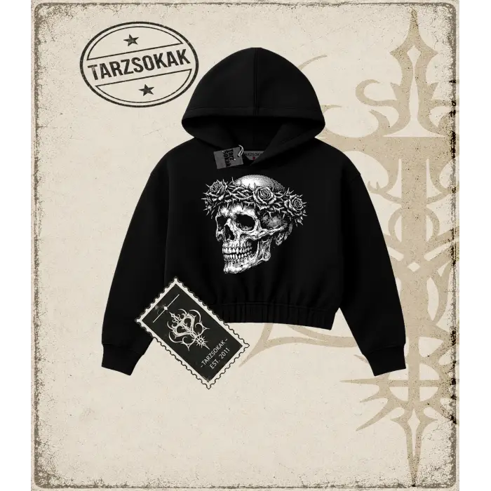 SKULL   Kadın Crop Kapşonlu Sweatshirt