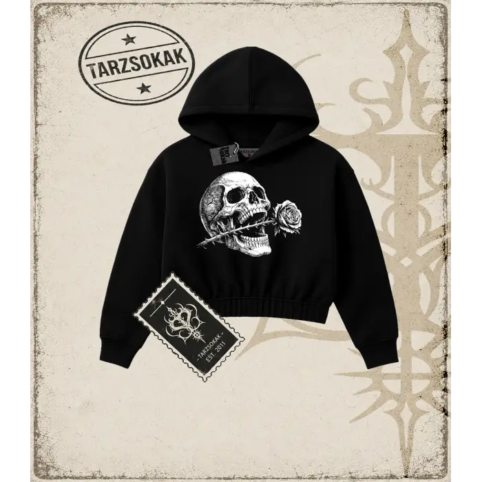 SKULL   Kadın Crop Kapşonlu Sweatshirt