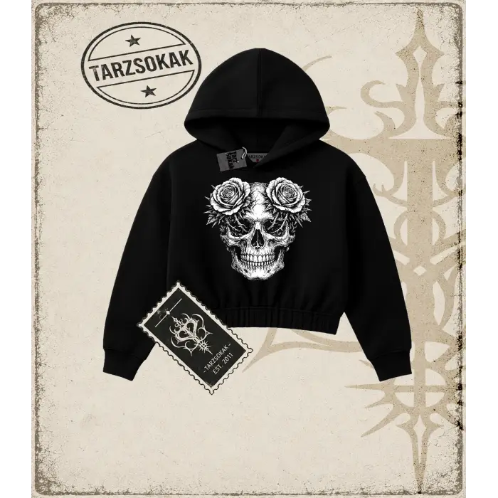 SKULL   Kadın Crop Kapşonlu Sweatshirt