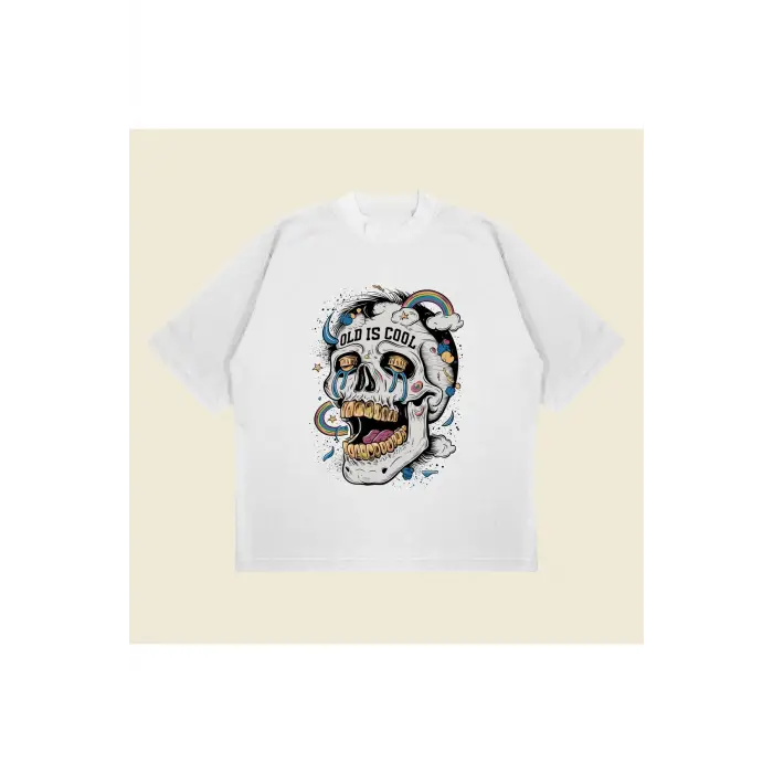 Skullrainbow Baskılı Oversize Unisex Pamuklu Nefes Alan Kalın Kumaşlı
