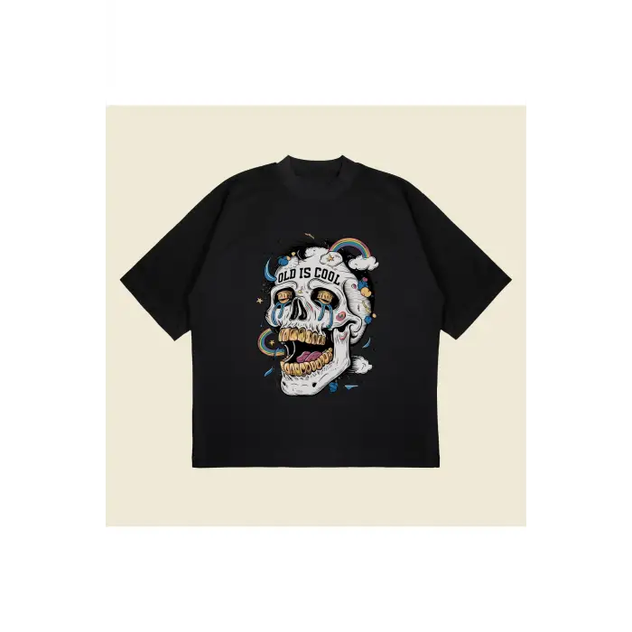 Skullrainbow Baskılı Oversize Unisex Pamuklu Nefes Alan Kalın Kumaşlı