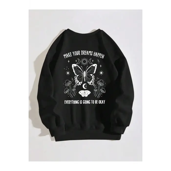 Slogan & Butterfly Print Pullover Siyah