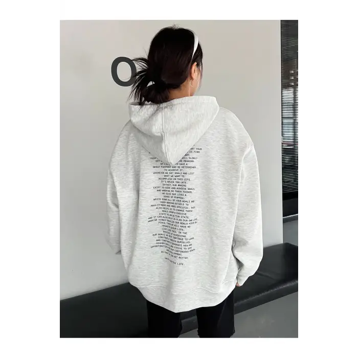 Slogan Grafikli Damla Omuzlu Kapüşonlu Üst Gri