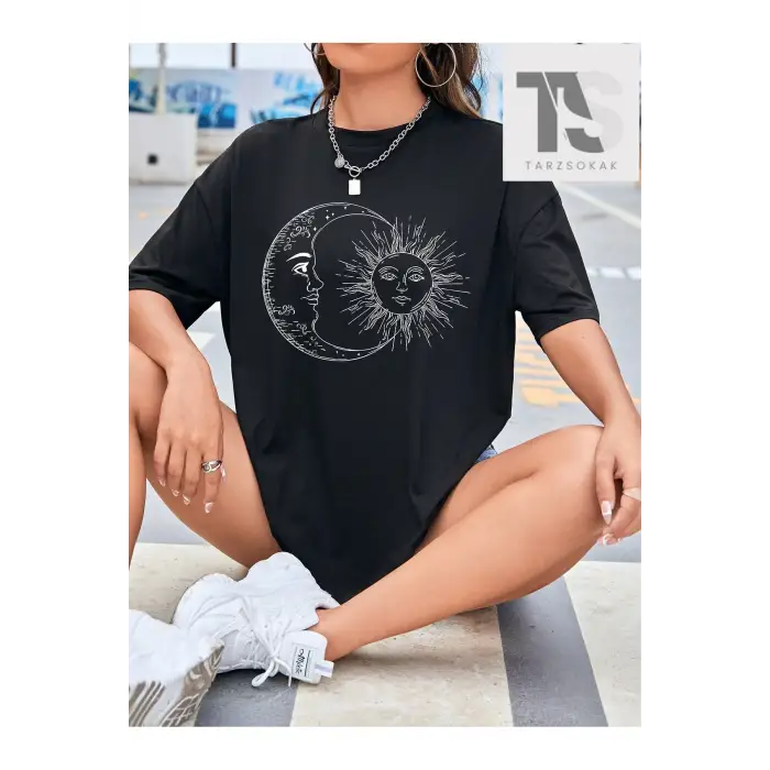 Slogan Grafikli Düşük Omuzlu Tişört