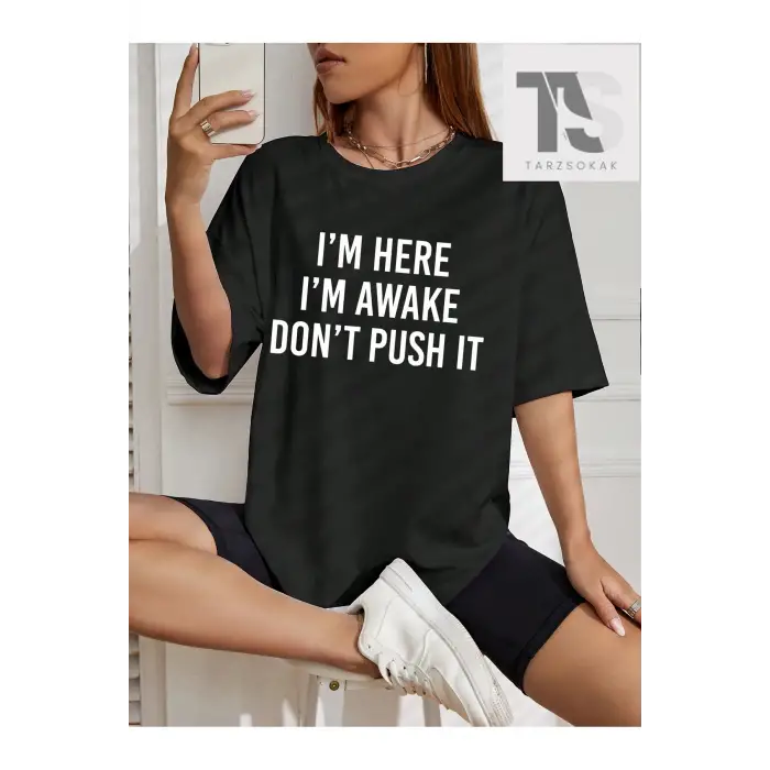 Slogan Grafikli Düşük Omuzlu Tişört