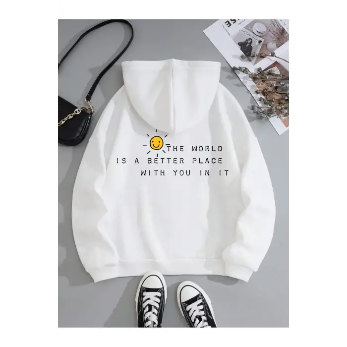 Slogan Graphic Drawstring Lined Kangaroo Pocket Hoodie Beyaz