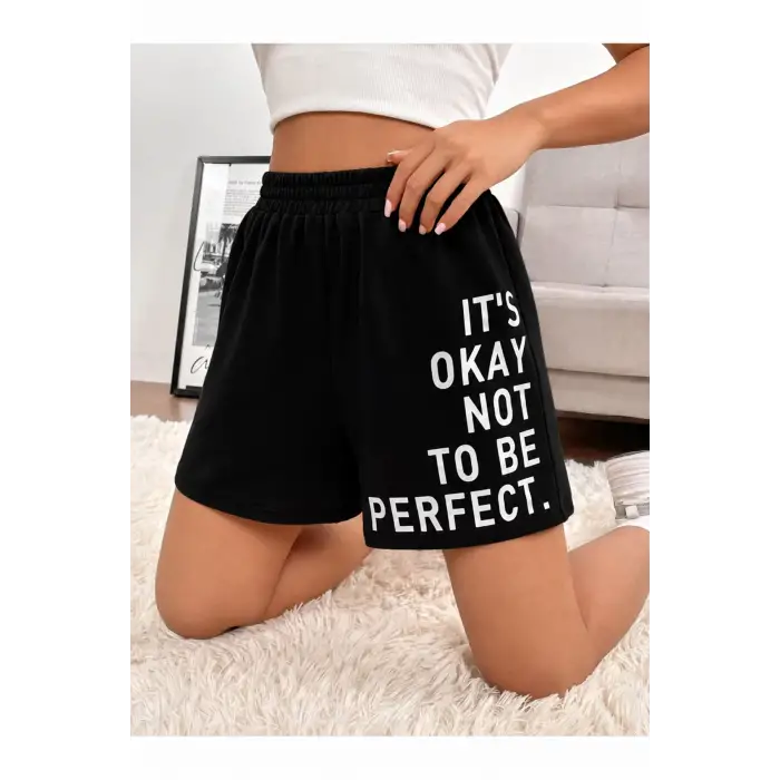 Slogan Graphic Elastic Waist Şort