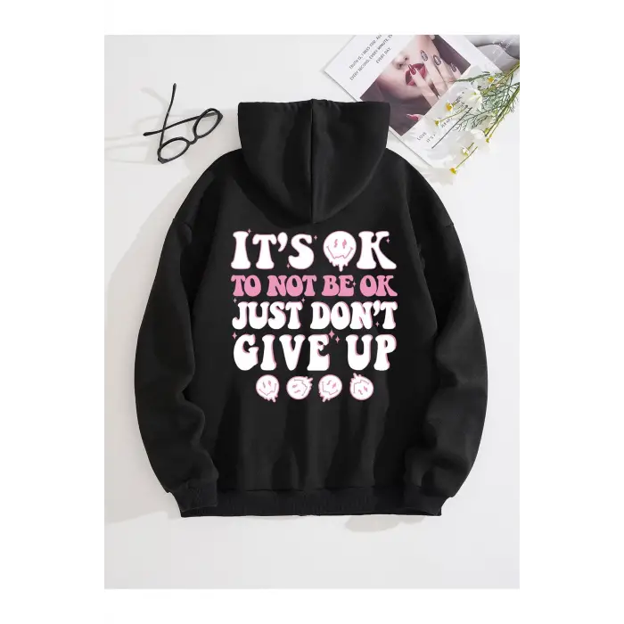 Slogan Graphic Zip Up Drawstring Lined Hoodie Siyah