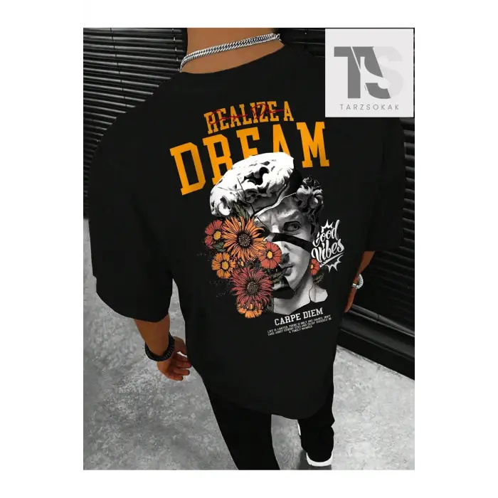 Sloganlı Erkek Heykel Baskılı T-shirt