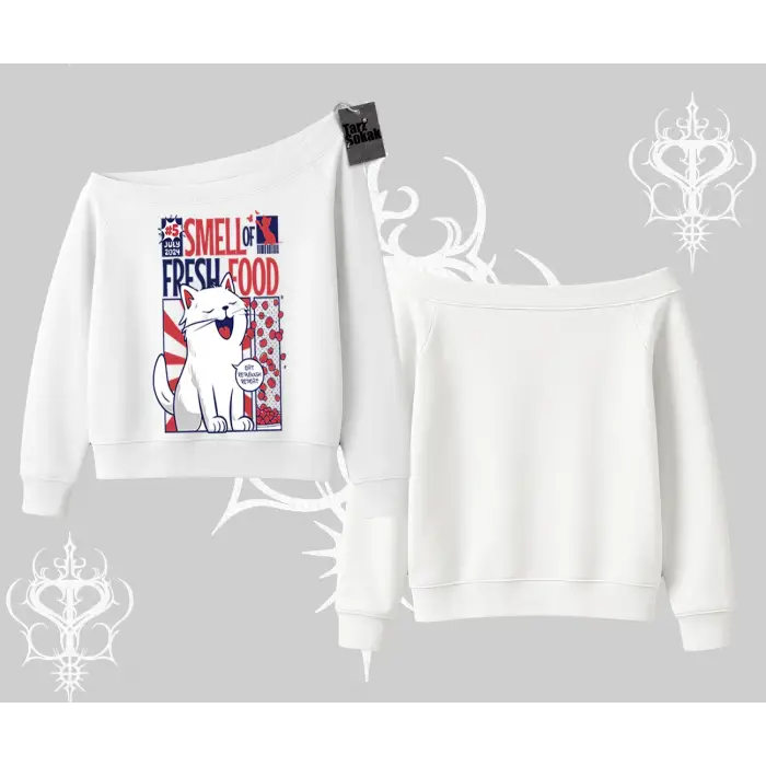 Smell of Fresh Food Kedi Baskılı Kayık Yaka Sweatshirt