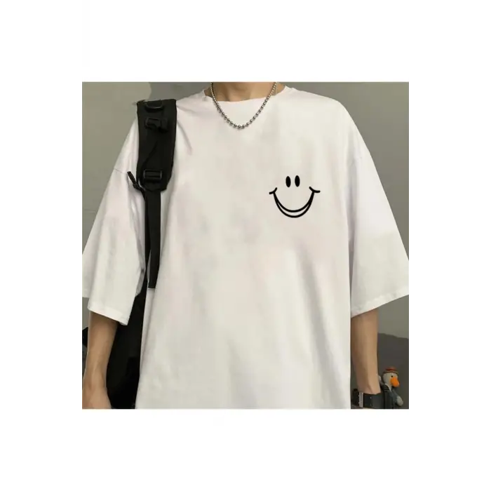 Smile Baskılı Beyaz Unisex Oversize