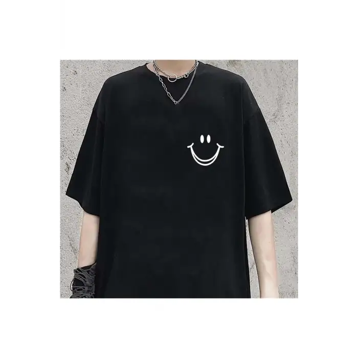 Smile Baskılı Siyah Unisex Oversize