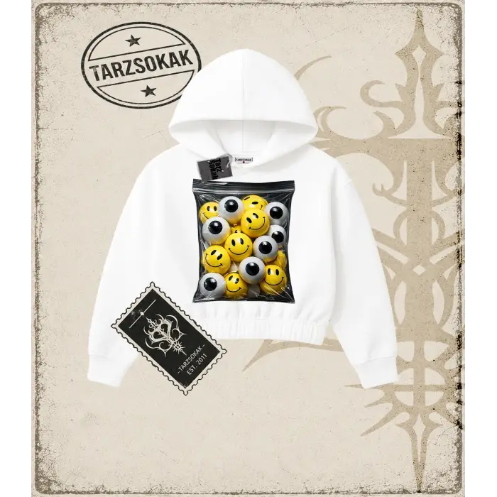 SMILEY Kadın Crop Kapşonlu Sweatshirt