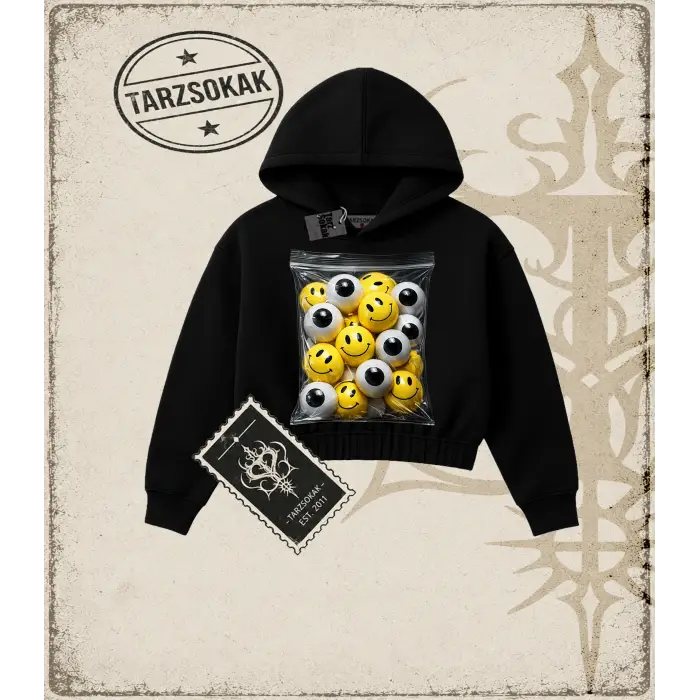 SMILEY Kadın Crop Kapşonlu Sweatshirt