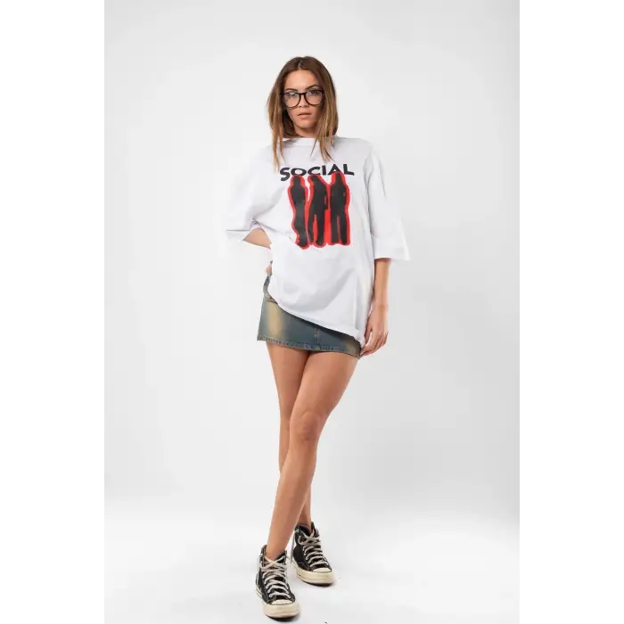 Social Baskılı Beyaz Unisex Oversize
