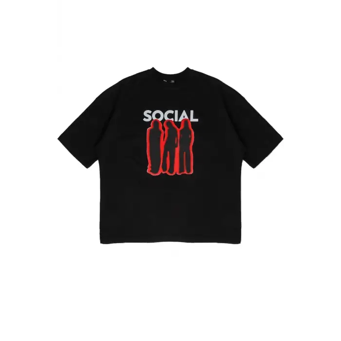 Social Baskılı Siyah Unisex Oversize